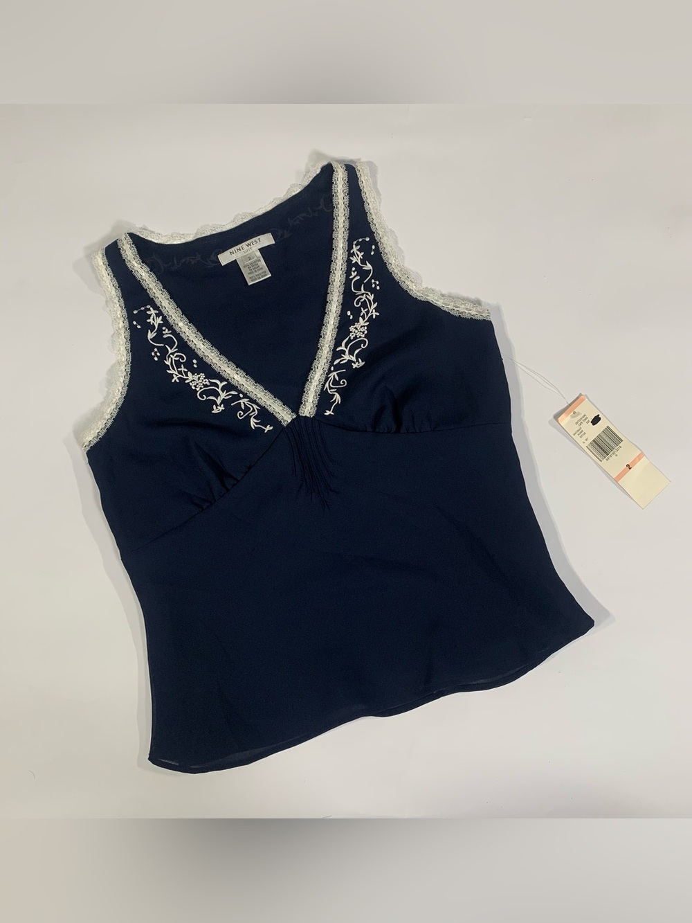 NWT Nine West Navy Embroidered Lace Trim Babydoll Top Size 2